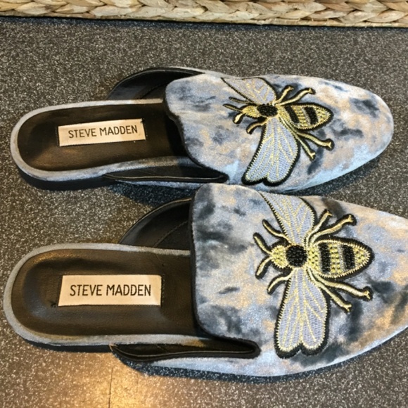 Steve Madden Blue-Gray and Gold Bee Embroidered Loafers - Picture 11 of 15